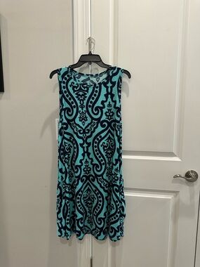 Sleeveless Turquoise and Navy Patterned Mini Dress